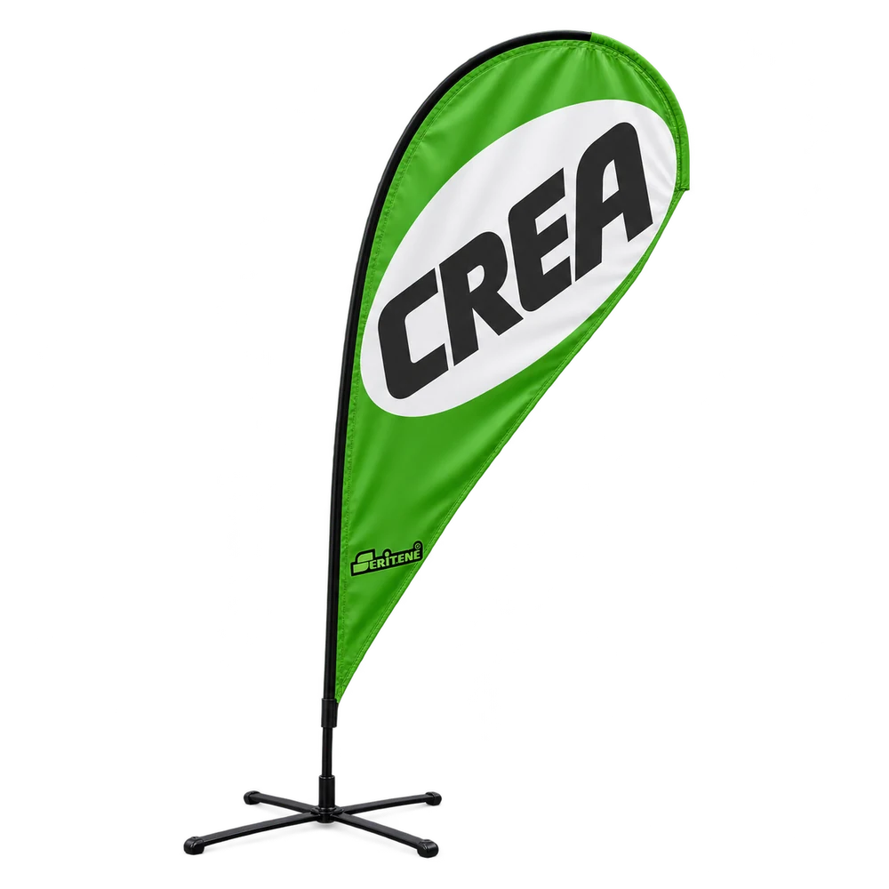 Bandera gota con diseño limpio en verde, blanco y negro y un único logo discreto