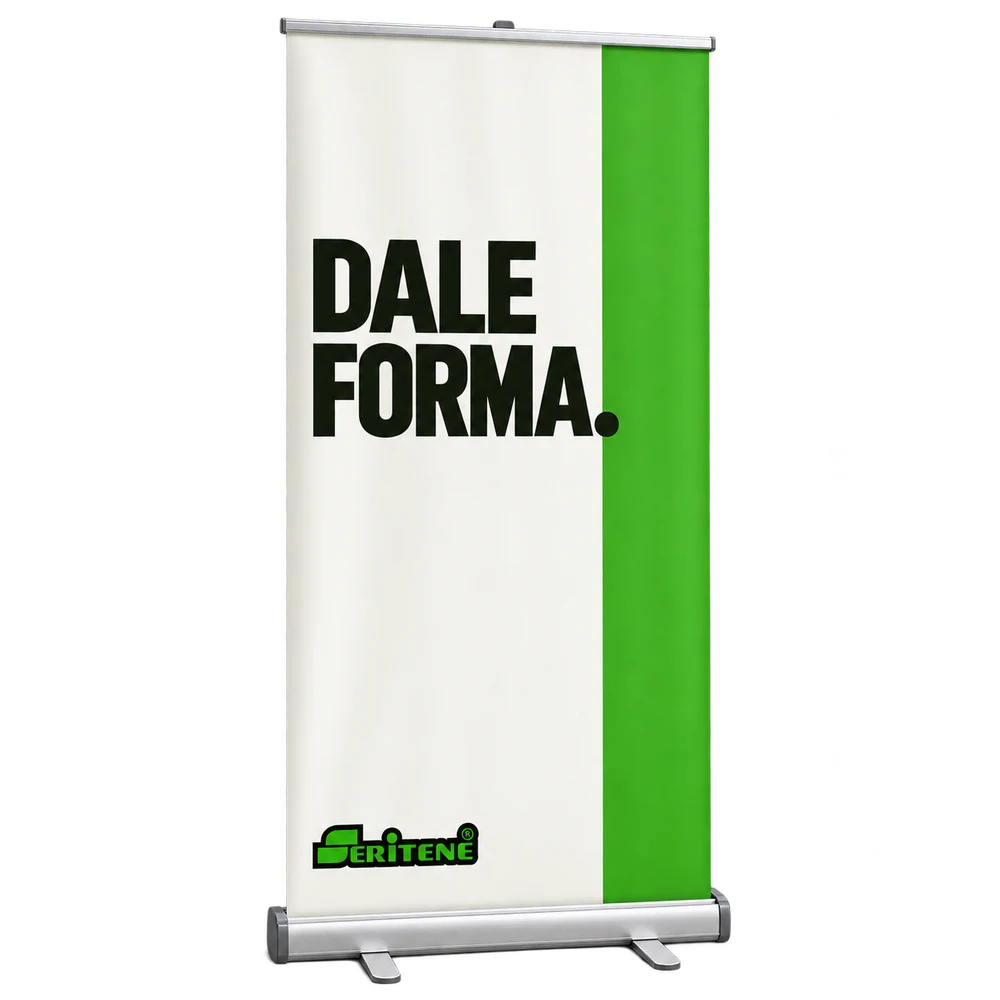 Mockup realista de roll-up de 100 × 200 cm con diseño Seritene en verde, negro y blanco y estructura de aluminio