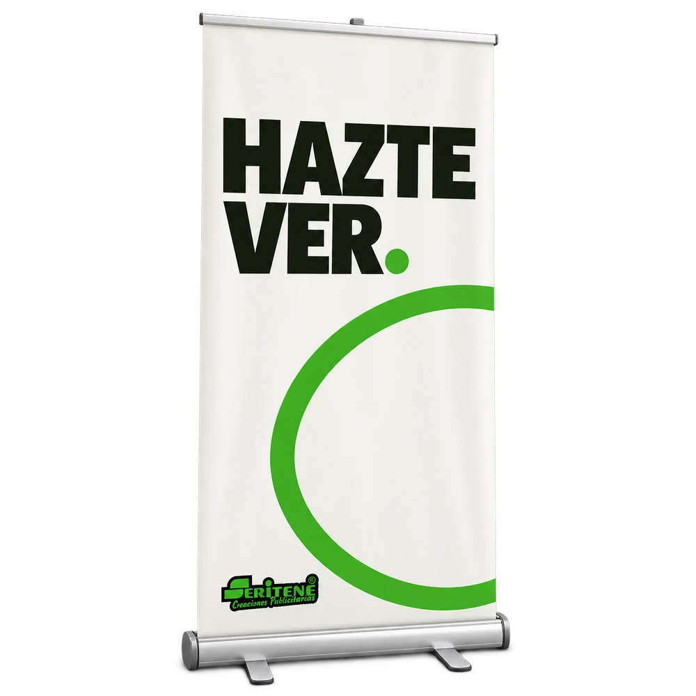 Mockup realista de roll-up de 120 × 200 cm con diseño Seritene en verde, negro y blanco y estructura de aluminio