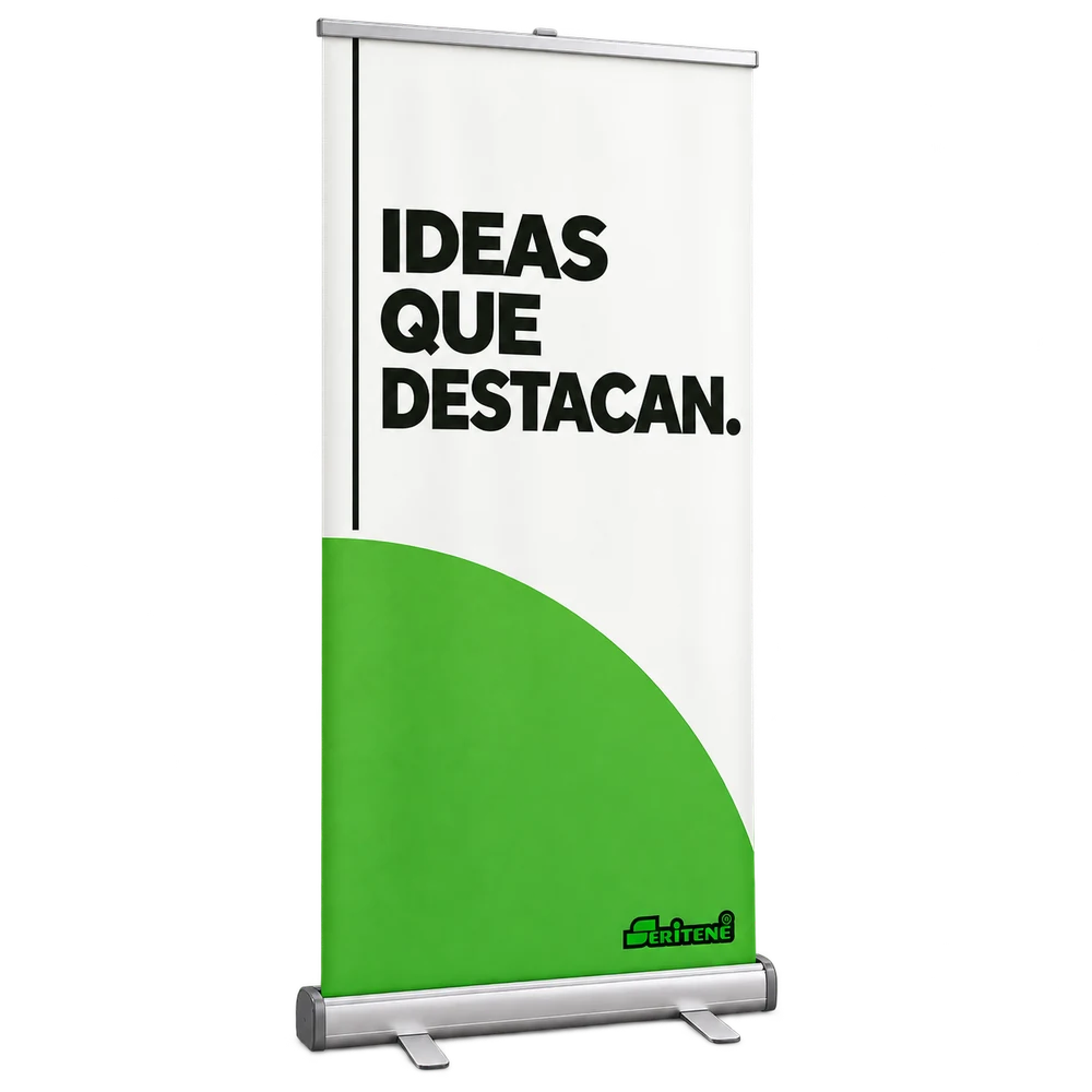 Mockup realista de roll-up de 85 × 200 cm con diseño Seritene en verde, negro y blanco y estructura de aluminio